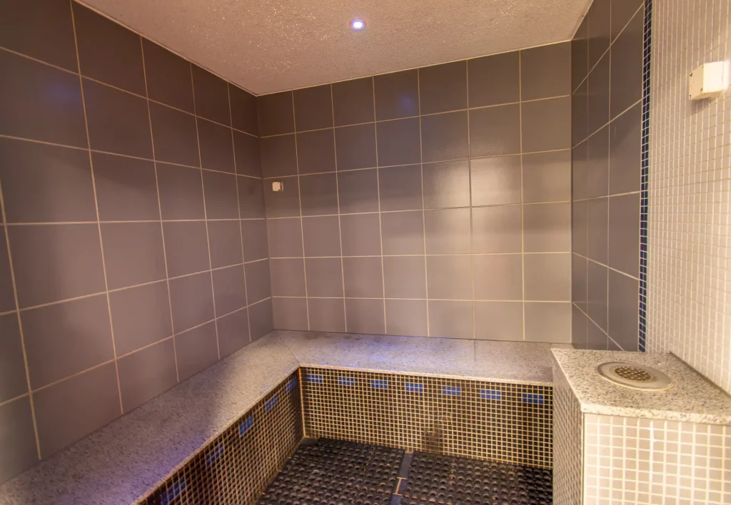 Cabin of the modern steam bath for intensive relaxation in the pool and sauna area